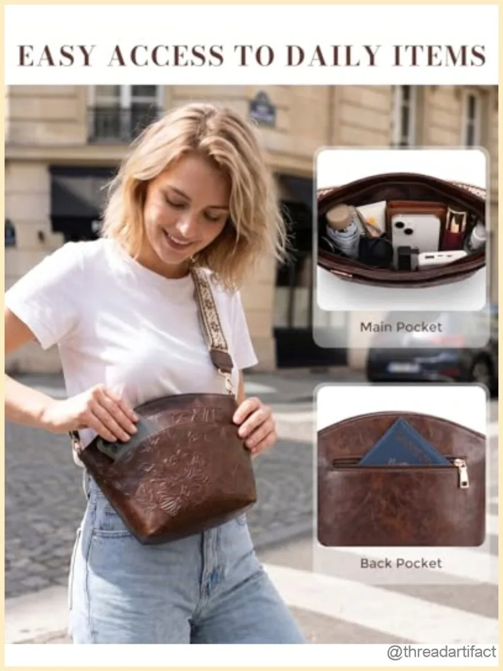 Vegan Leather Crossbody Bag with Boho Strap, Shoulder Handbag